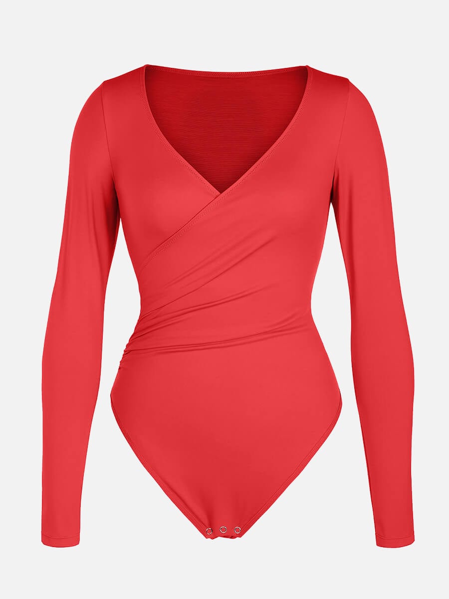 V-neck Overlapping Pleated Shapewear Bodysuit with Tummy Control