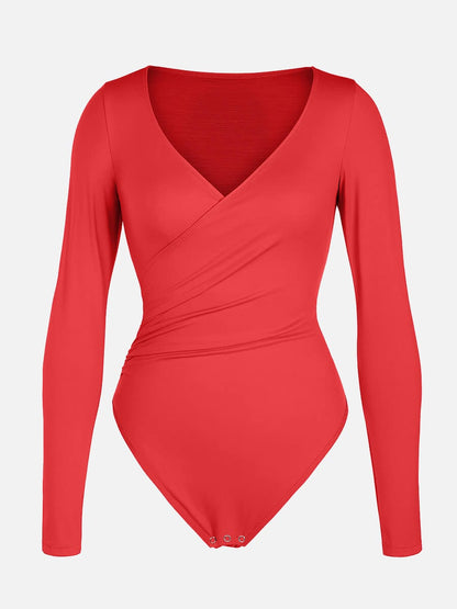 V-neck Overlapping Pleated Shapewear Bodysuit with Tummy Control