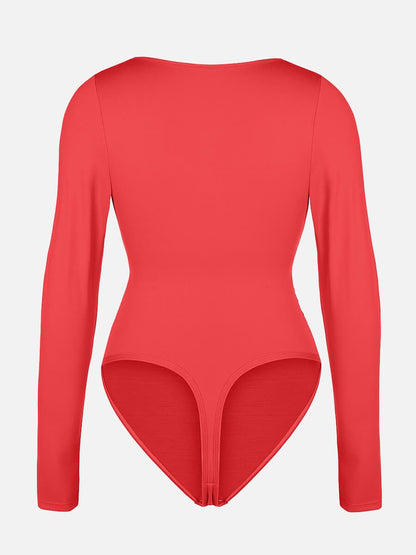 V-neck Overlapping Pleated Shapewear Bodysuit with Tummy Control