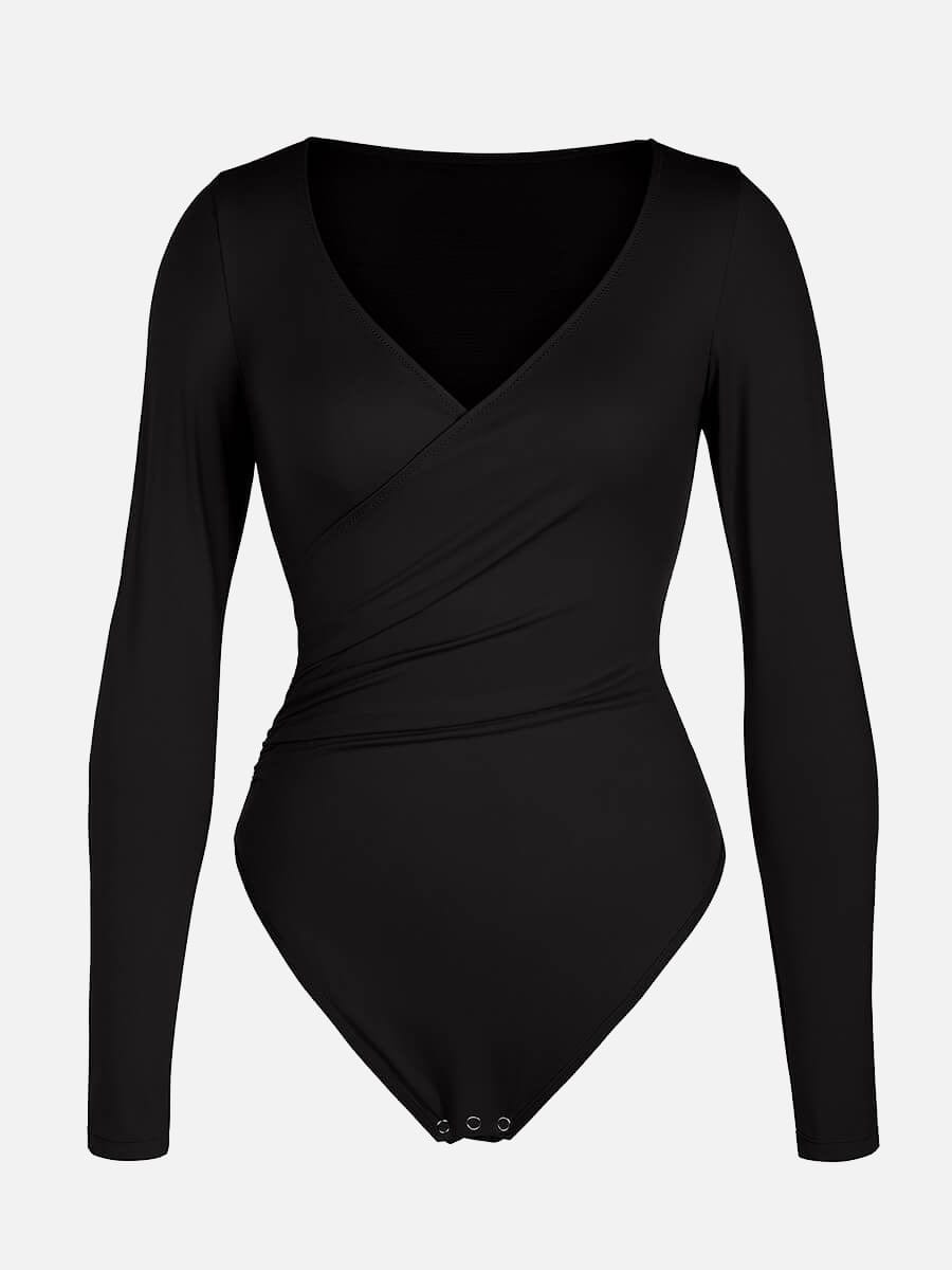 V-neck Overlapping Pleated Shapewear Bodysuit with Tummy Control
