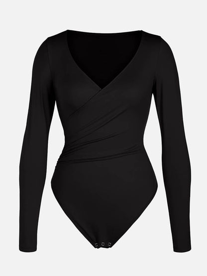V-neck Overlapping Pleated Shapewear Bodysuit with Tummy Control