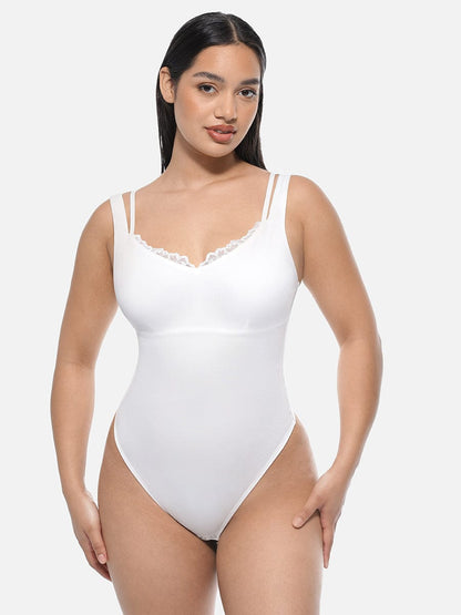 Leopard Print Lace V-Neck Shapewear Bodysuit Tummy Control Thong Shaping Bodysuit for Women with T-Back Design