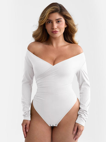 V-neck Overlapping Pleated Shapewear Bodysuit with Tummy Control