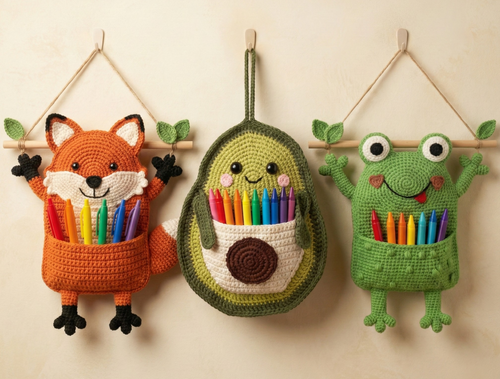 3-in-1 Hanging Pocket Organizers Crochet Pattern | Frog, Fox & Avocado Wall Decor