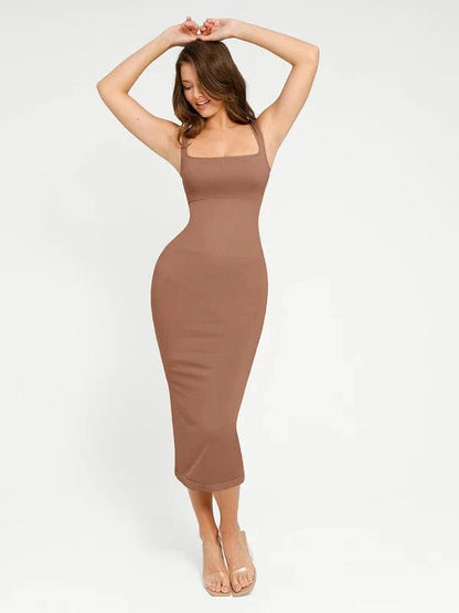 Midi Sleeveless Square Neck Built Bra Shapewear Dress