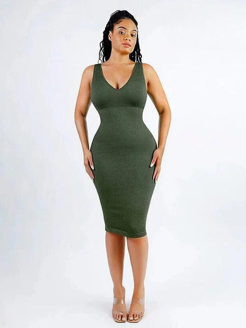 Deep V Neck Bodycon Shaping Midi Dress with Removable Pads