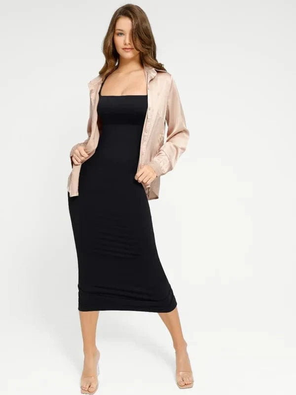 Midi Sleeveless Square Neck Built Bra Shapewear Dress