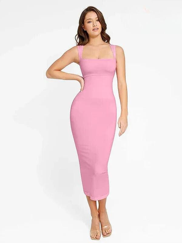 Midi Sleeveless Square Neck Built Bra Shapewear Dress