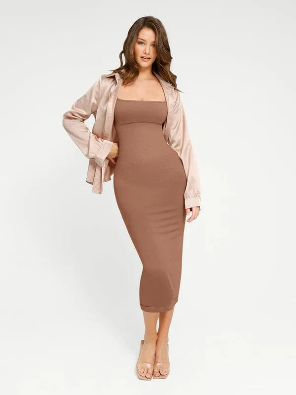 Midi Sleeveless Square Neck Built Bra Shapewear Dress