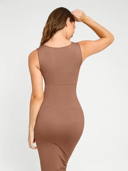 Midi Sleeveless Square Neck Built Bra Shapewear Dress