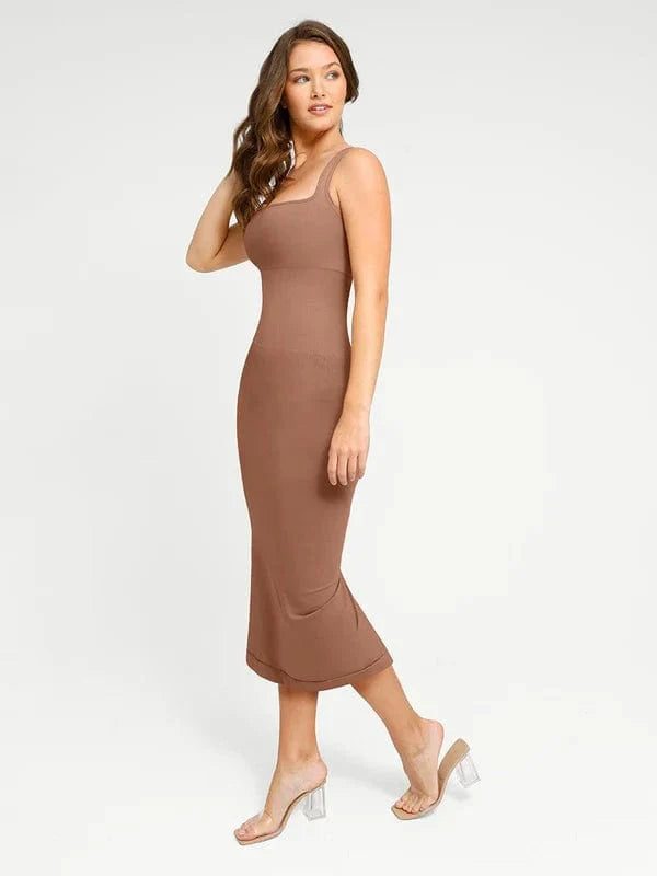 Midi Sleeveless Square Neck Built Bra Shapewear Dress
