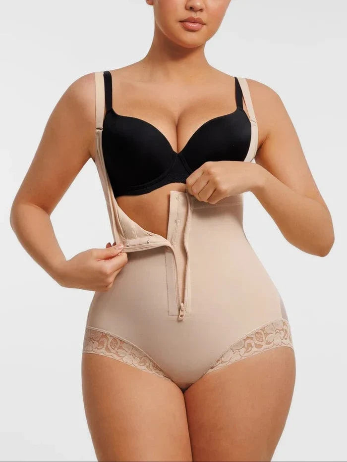 Front-Zip Waist-Slimming and Tummy Control Shapewear with U-Shaped Open Bust Support