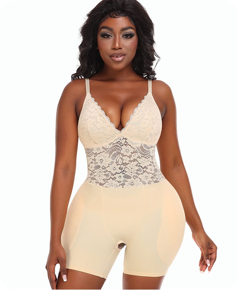 Lace Bum Lifting Shaping Bodysuit with Built-In Bra and Hip Pads