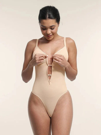 Plunge Front Zip Tummy Control Shape Wear Bodysuit