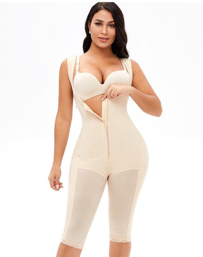 Tummy Control Mid Trouser Open Bust Shapewear Bodysuit with Front Zipper
