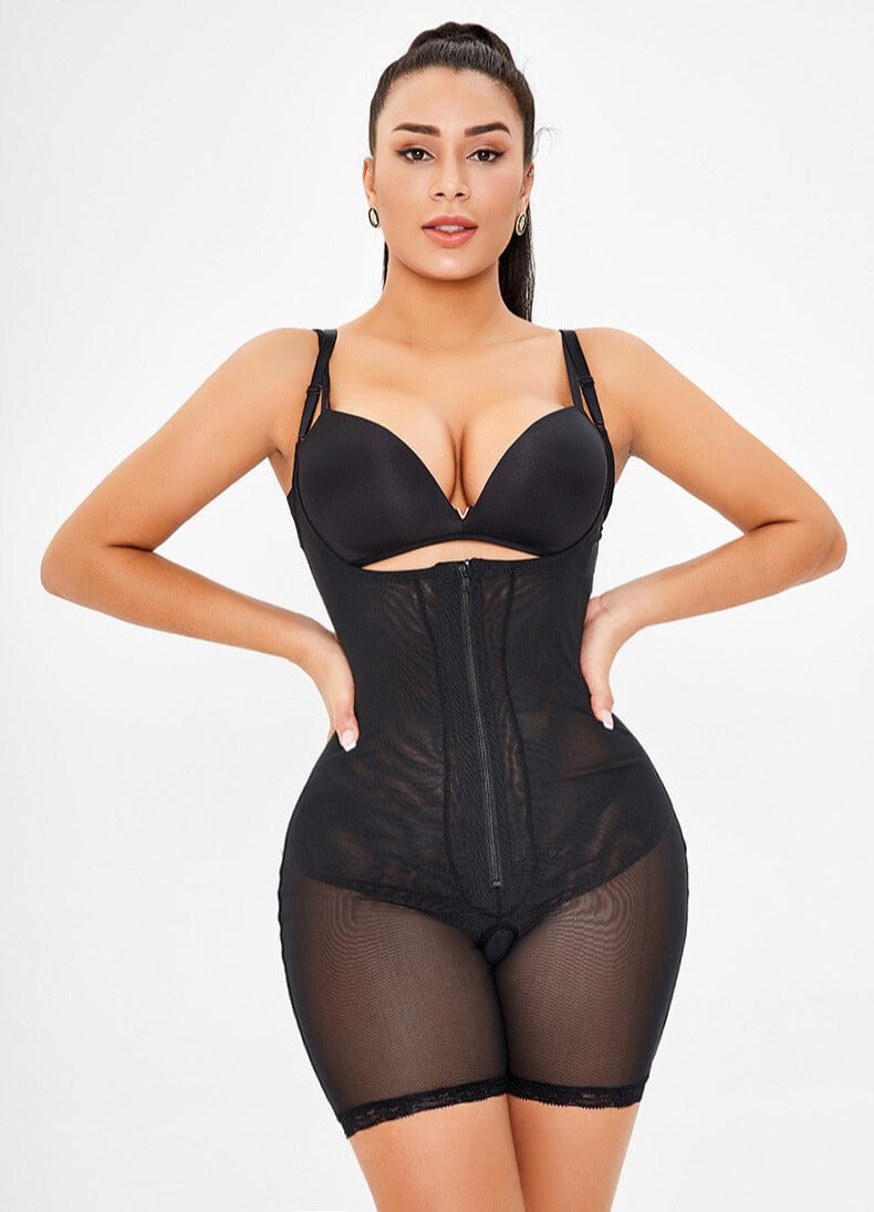 Hip Lifting and Tummy Control Open Bust Shaping Bodysuit with Front Zipper