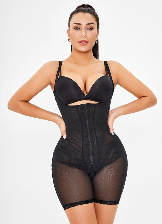 Hip Lifting and Tummy Control Open Bust Shaping Bodysuit with Front Zipper