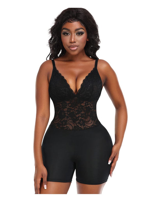 Lace V-Neck Low-Back Shapewear Bodysuit with Removable Hip Pads