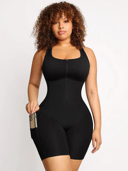 One Piece Shaping Bodysuit with Front Zipper and Side Pockets
