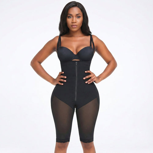 Open Bust Shapewear Bodysuit with Front Zipper and Adjustable Straps