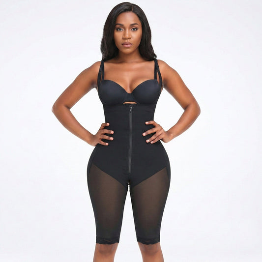 Open Bust Shapewear Bodysuit with Front Zipper and Adjustable Straps