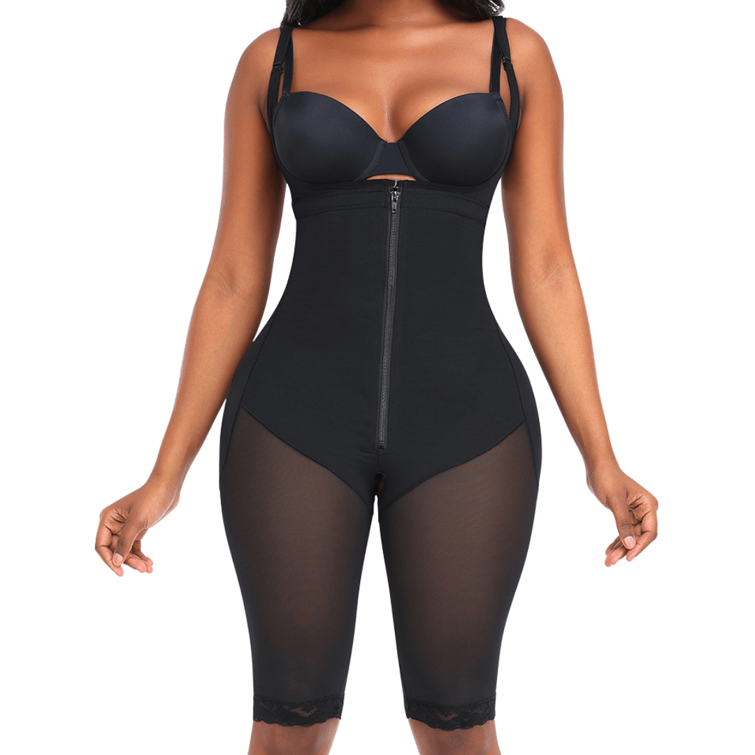Open Bust Shapewear Bodysuit with Front Zipper and Adjustable Straps