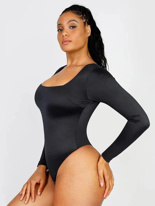 Sleek Shaping Bodysuit with Square Neck and Long Sleeves