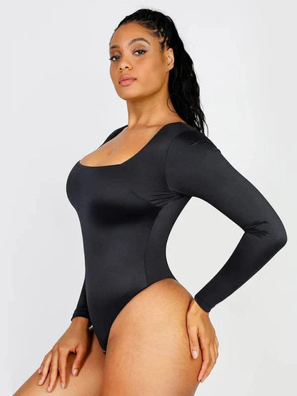 Sleek Shaping Bodysuit with Square Neck and Long Sleeves