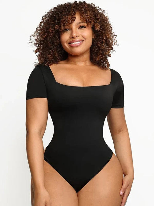 Short Sleeve Square Neck Tummy Control Shapewear Bodysuit