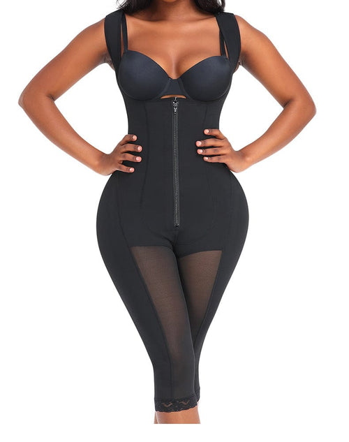 Tummy Control Mid Trouser Open Bust Shapewear Bodysuit with Front Zipper