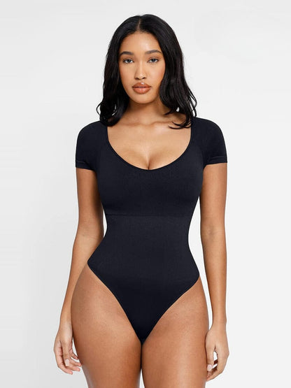 Short Sleeve Plus Size Belly Control Thong Shapewear Bodysuit