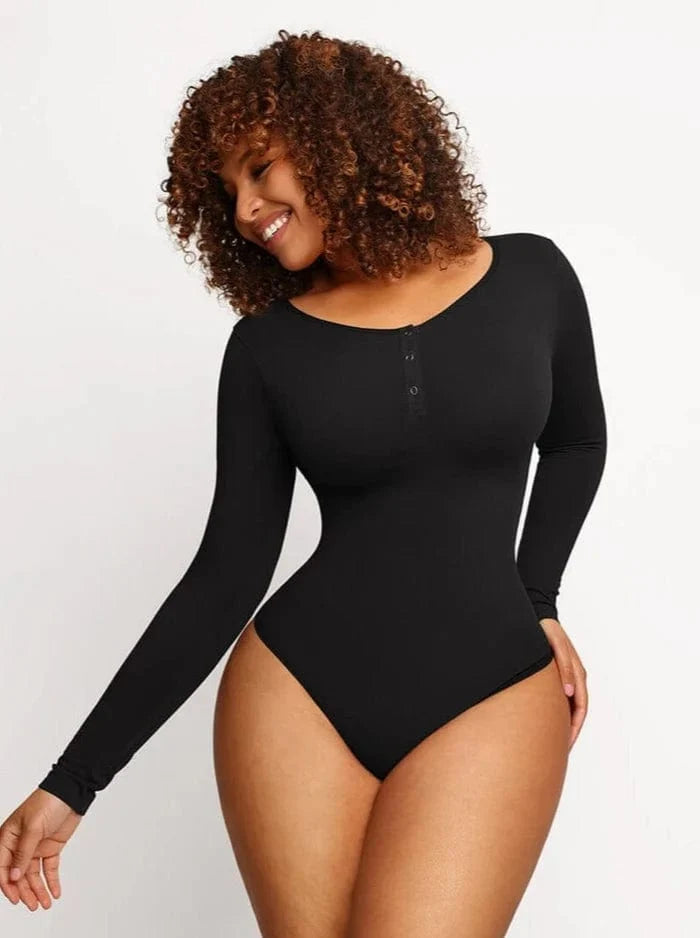 High Compression Scoop Neck Long Sleeve Thong Shapewear Bodysuit