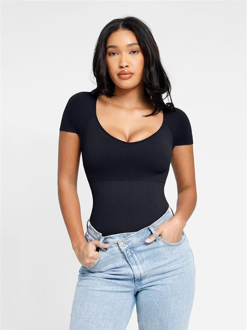 Short Sleeve Plus Size Belly Control Thong Shapewear Bodysuit