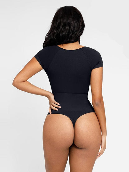Short Sleeve Plus Size Belly Control Thong Shapewear Bodysuit