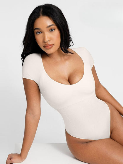 Short Sleeve Plus Size Belly Control Thong Shapewear Bodysuit