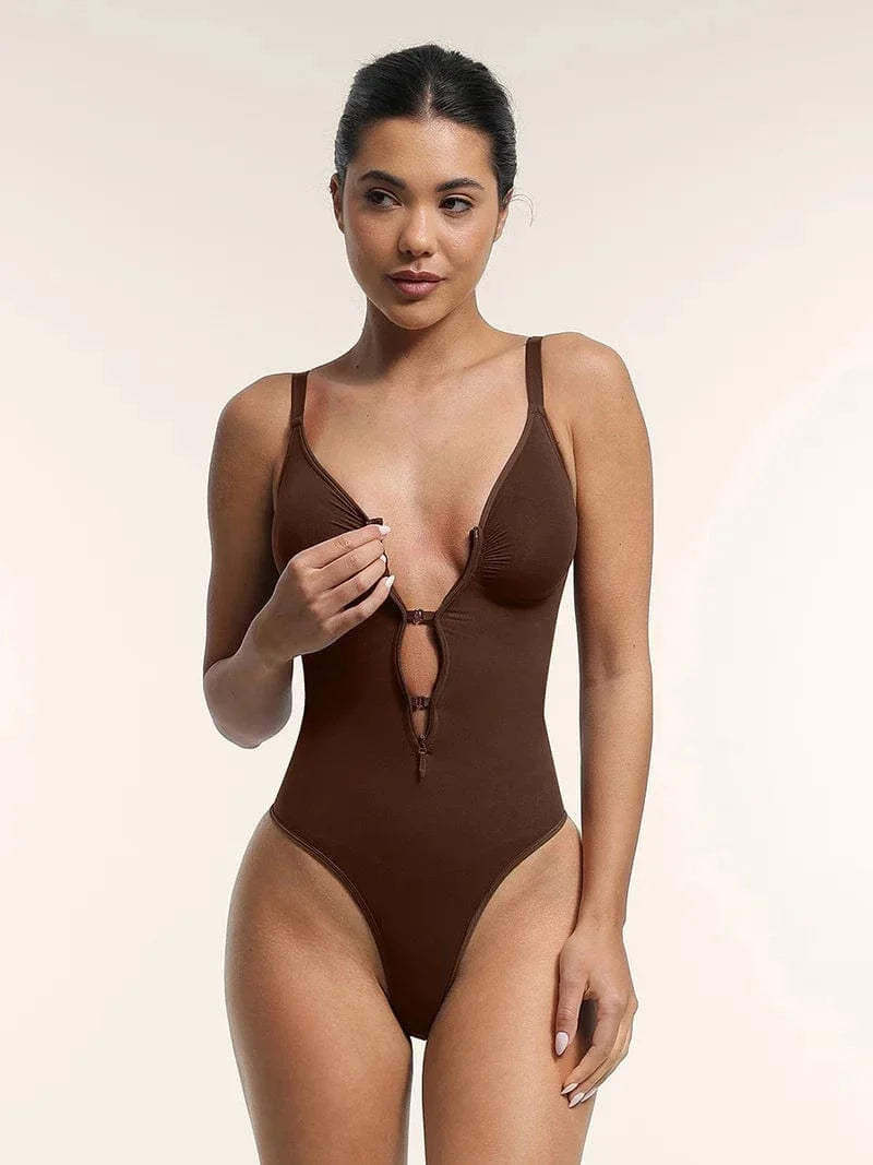 Plunge Front Zip Tummy Control Shape Wear Bodysuit