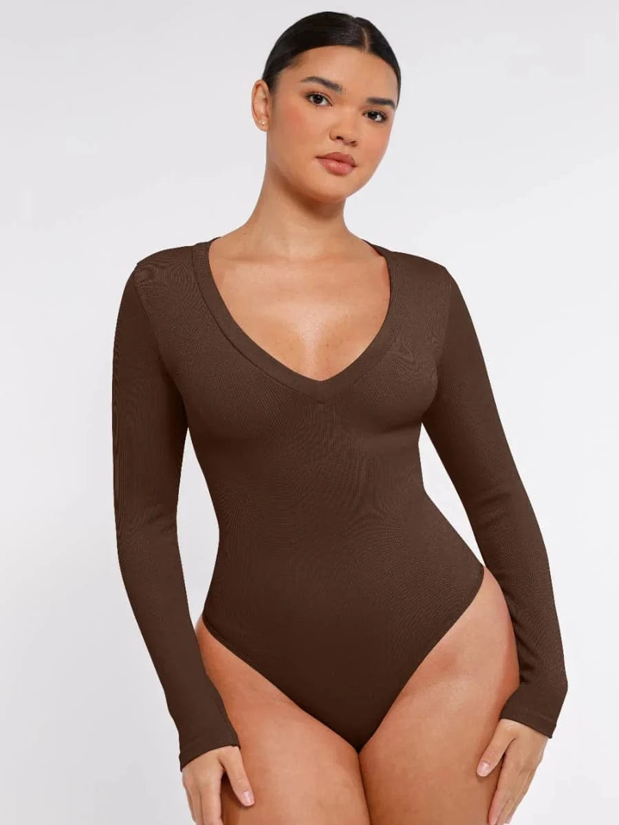 Deep V Neck Tummy Control Thong Shapewear Bodysuit