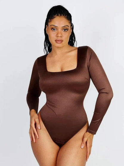Sleek Shaping Bodysuit with Square Neck and Long Sleeves