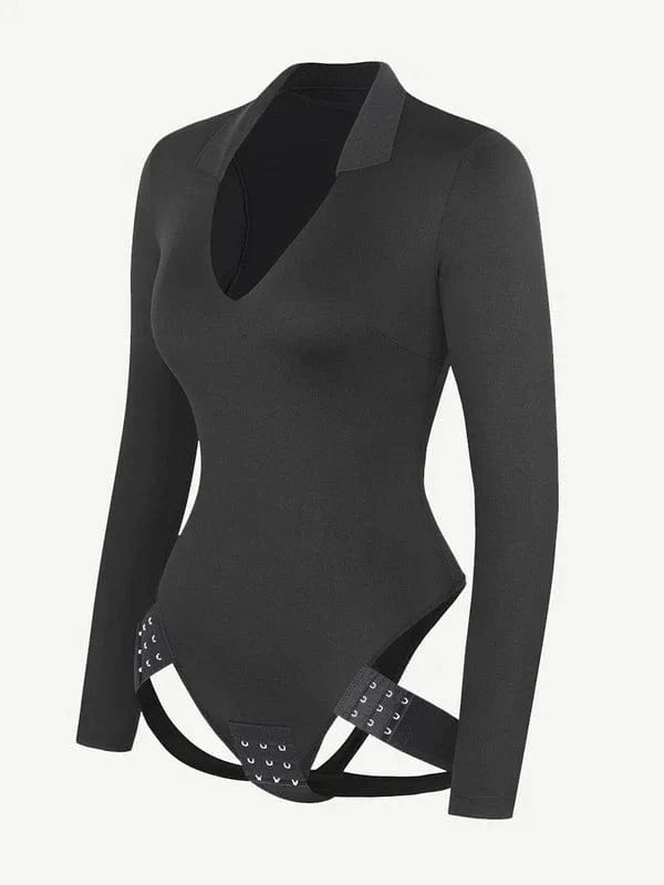 Deep V Neck Long Sleeve Shapewear Thong Bodysuit