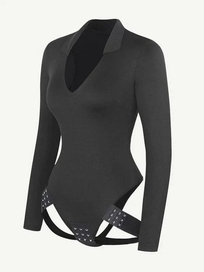Deep V Neck Long Sleeve Shapewear Thong Bodysuit