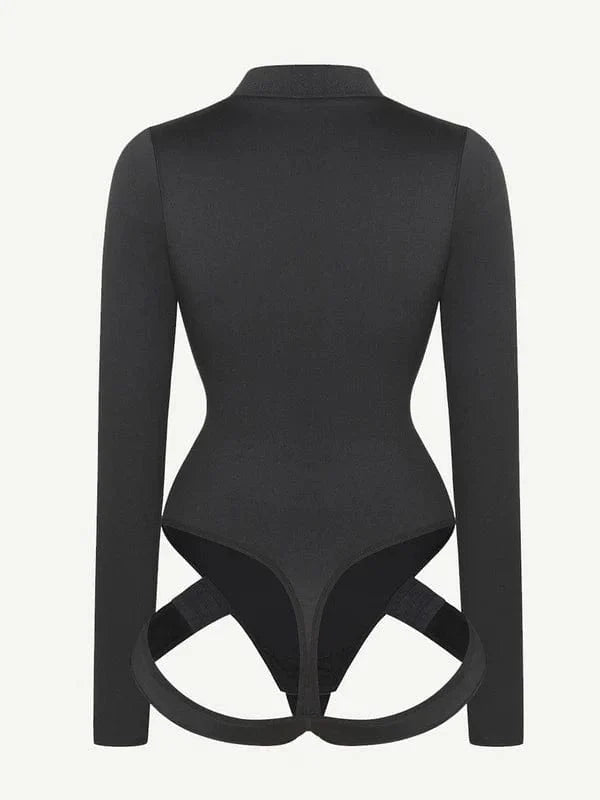Deep V Neck Long Sleeve Shapewear Thong Bodysuit