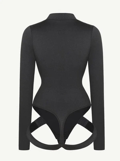Deep V Neck Long Sleeve Shapewear Thong Bodysuit