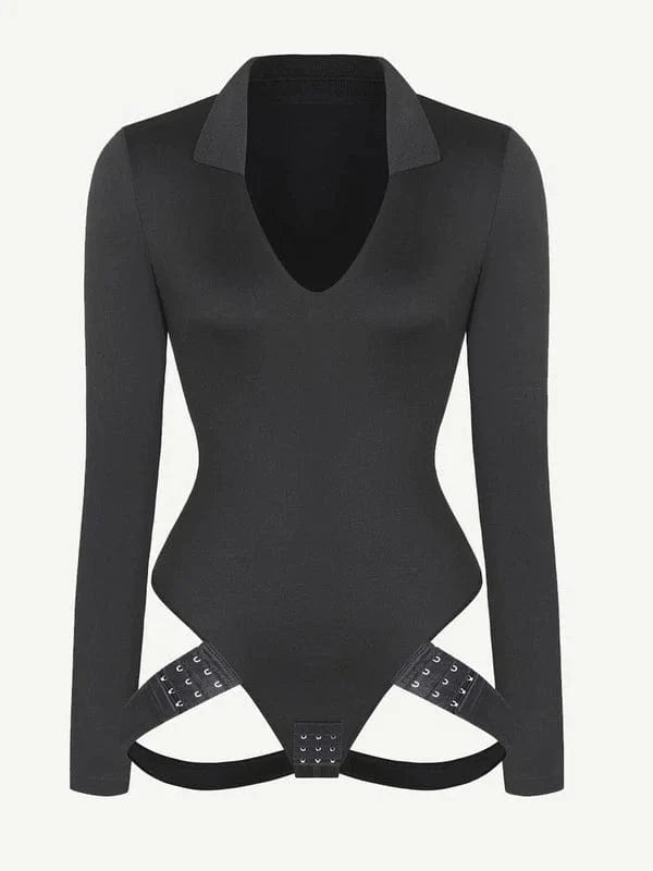 Deep V Neck Long Sleeve Shapewear Thong Bodysuit