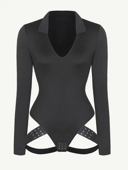 Deep V Neck Long Sleeve Shapewear Thong Bodysuit