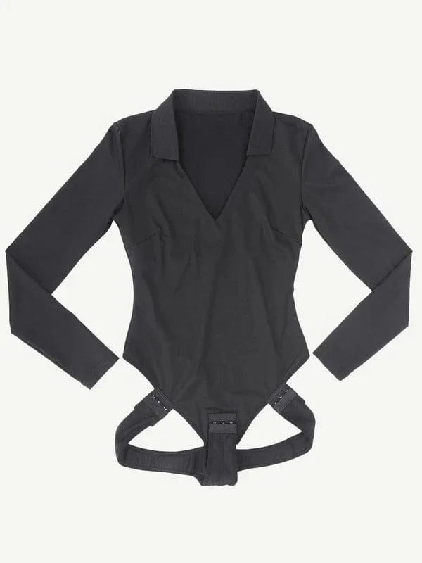 Deep V Neck Long Sleeve Shapewear Thong Bodysuit