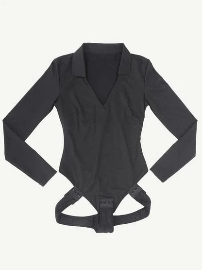 Deep V Neck Long Sleeve Shapewear Thong Bodysuit