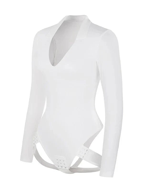 Deep V Neck Long Sleeve Shapewear Thong Bodysuit