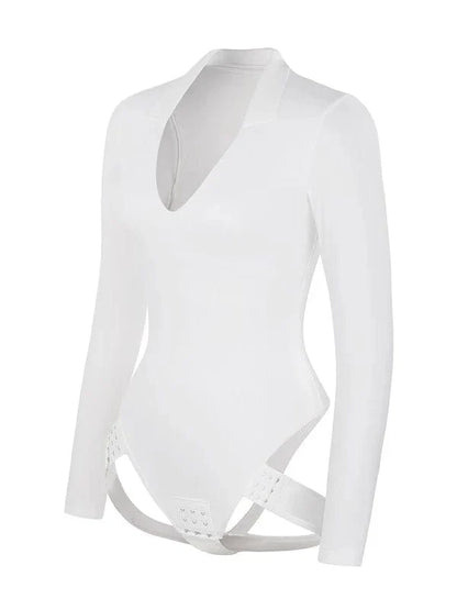 Deep V Neck Long Sleeve Shapewear Thong Bodysuit