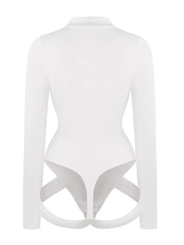 Deep V Neck Long Sleeve Shapewear Thong Bodysuit