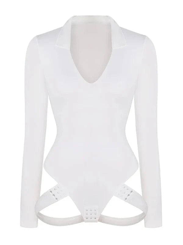 Deep V Neck Long Sleeve Shapewear Thong Bodysuit